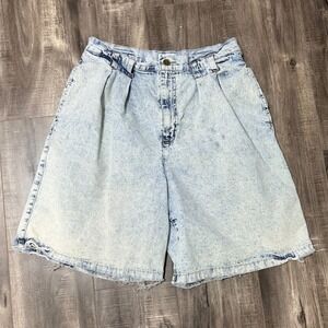Essentials Sport Vintage High Waisted Acid Wash Pleated Denim Shorts Blue 29W